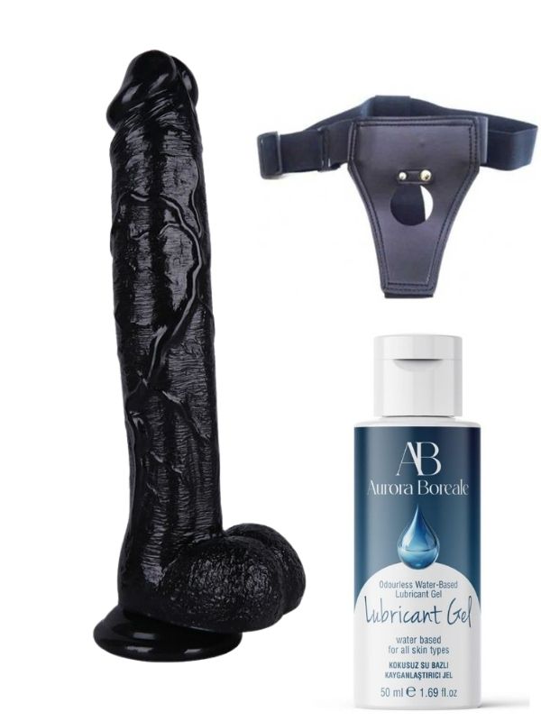 Belden Bağlamalı Kayganlaştırıcı Set Noctis 30cm Siyah Dildo No:39
