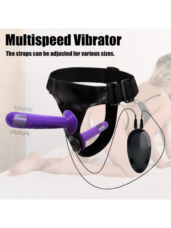 Mor Double Dong Titreşimli Belden Bağlamalı Çift Taraflı Bisex Dildo Vibratör