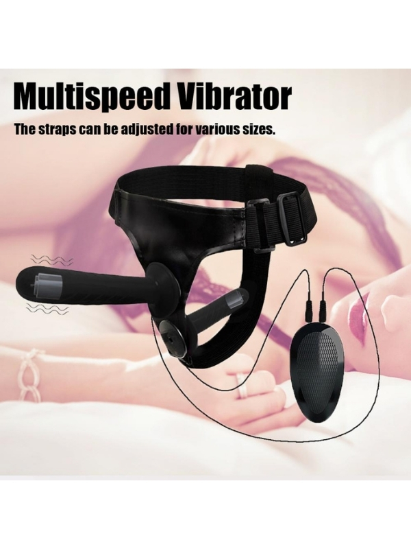 Siyah Double Dong Titreşimli Belden Bağlamalı Çift Taraflı Bisex Dildo Vibratör